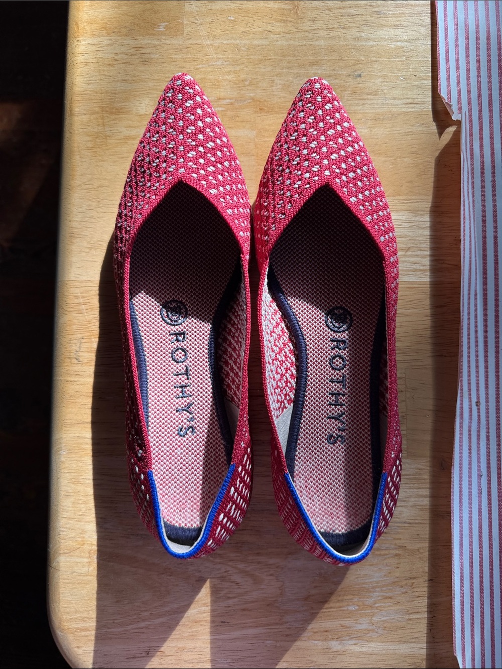 Rothy's The Point Red Apple Honeycomb Flats with Blue Trim
